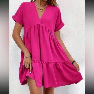 SHEIN Ruffle Hem Solid Hot Barbie Pink V-Neck Flowy Mini Dress Women’s Small